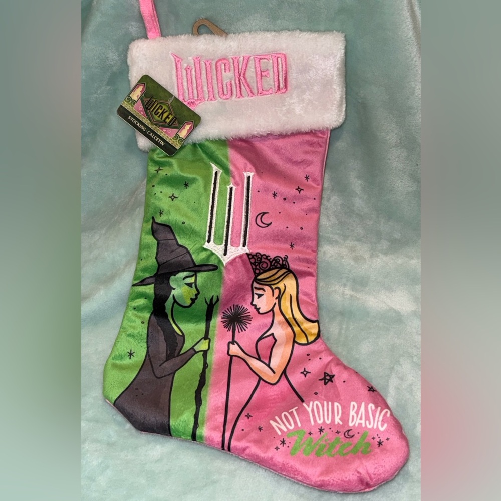 NWT Ruz Wicked Christmas Stocking 20" Tall "Not Your Basic Witch" Pink & Green